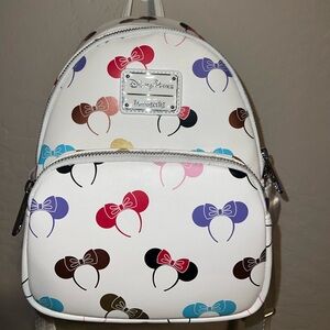 Loungefly Disney White Backpack with Colorful Minnie Mouse Bows